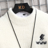 Autumn Winter Knitted Sweater Men Long Sleeved O Neck Casual Mink Velvet Sweater Male Warm Mohair Sweater Man Black White