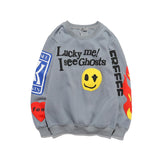 Foesce Harajuku Retro Smiley Flame Print Round Neck Sweatshirts Men and Women Plus Velvet Streetwear Fleece Hoodie Pullover