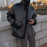 Korean Leather Coat Men's Warm Fashion Casual Thicken Leather Jacket Men Loose Thick Lamb Wool Short Coat Mens Clothes M-XL