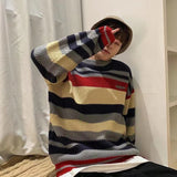 Foesce Men's Japanese Pullover Round Neck Color Matching Coats Striped Wool Sweaters Loose Lazy Style Retro Cashmere Knitting