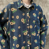 High street dark tide brand full print Daisy old denim shirt Hong Kong Style loose long sleeve shirt for men and women