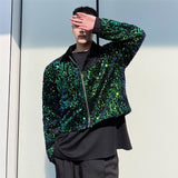 Men's Chic Niche Sequin Design Short Coat Colorblocked Patchwork Zipped Jacket  Autumn New Casual Green Clothing