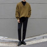 Foesce V-neck Knitted Sweater Men Korean Long Sleeve Loose Warm Pullover Men's Simple Solid Slim Sweater Boy