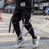 Men Cargo Pants Black Ribbons Block Multi-Pocket Harem Joggers Harajuku Sweatpant Hip Hop Casual Harem Tide Male Trousers