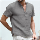 New Men's T-shirt V-neck single breasted design Men tshirt Casual fashion Cotton and Linen Breathable SolidColor Shirt Male