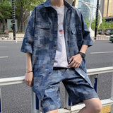 Summer Man Sets Short Sleeve Oversized Shirts Shorts Korean Style Patch Plaid Casual Short Suit Clothing Men Black Blue 5XL