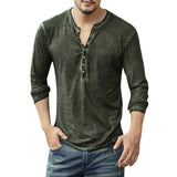 Foesce Men Tee Shirt V-neck Long Sleeve Tee&Tops Stylish Buttons T-shirt  Autumn Casual Henley shirt Solid Male Clothing 5XL