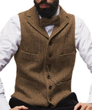 Mens Vest Classic Brown Suit  Wool Tweed Notch Lapel Waistcoat Herringbone Groomsmen Winter Coat For Wedding