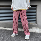 Foesce Preppy Style Skull Full Print Drawstring Casual Corduroy Men Baggy Pants Hip Hop Straight Sweatpants Male Loose Trousers