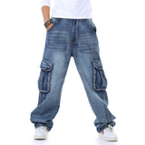 Large Size 46 Loose Jeans Men Denim Pants Straight Pocket Baggy Casual Streetwear Hip Hop Brand Blue Wide Leg Cargo Trousers