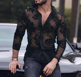 Men Mesh Shirt Lace Lapel Long Sleeve Transparent Streetwear Sexy Camisas Fashion Party Nightclub Shirts Men S-5XL