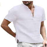 New Men's T-shirt V-neck single breasted design Men tshirt Casual fashion Cotton and Linen Breathable SolidColor Shirt Male