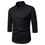 Foesce Shirts Men Solid Pullover V Neck Three Quarter Mens Kimono Shirts Traditional Streetwear Blouse Chinese Style Linen Shirts Man