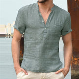 New Men's T-shirt V-neck single breasted design Men tshirt Casual fashion Cotton and Linen Breathable SolidColor Shirt Male