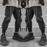 Men Cargo Pants Black Ribbons Block Multi-Pocket Harem Joggers Harajuku Sweatpant Hip Hop Casual Harem Tide Male Trousers