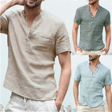 New Men's T-shirt V-neck single breasted design Men tshirt Casual fashion Cotton and Linen Breathable SolidColor Shirt Male