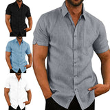 Hirigin Mens Linen Blouse Short Sleeve Baggy Button Summer Solid Comfortable Cotton Linen Casual Loose Holiday Shirts Tee Tops