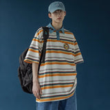 Foesce Hip Hop T-Shirt Stripe Shirt Mens Streetwear Embroidered Badge Loose Cotton Short Sleeve Oversized Tees Unisex