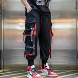 Men Cargo Pants Black Ribbons Block Multi-Pocket Harem Joggers Harajuku Sweatpant Hip Hop Casual Harem Tide Male Trousers