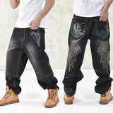 New Large Size  Jeans Fashion Loose Big Pockets Hip-Hop Skateboard Casual Men Denim Blue & Black Design Brand