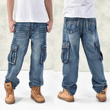 New Large Size  Jeans Fashion Loose Big Pockets Hip-Hop Skateboard Casual Men Denim Blue & Black Design Brand