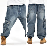 New Large Size  Jeans Fashion Loose Big Pockets Hip-Hop Skateboard Casual Men Denim Blue & Black Design Brand