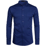 Foesce Men's Royal Blue Dress Shirts Brand Banded Mandarin Collar Shirt Male Long Sleeve Casual Button Down Shirt with Pocket 2XL