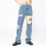 Dark Icon Patchwork Ripped Jeans Men Street Fashion Straight Men's Denim Pants 2 Colors