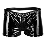 Black Mens Lingerie Shiny Metallic Patent Leather Zipper Bulge Pouch Open Butt Boxer Briefs Underwear Panties