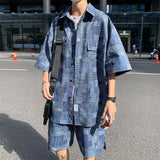 Summer Man Sets Short Sleeve Oversized Shirts Shorts Korean Style Patch Plaid Casual Short Suit Clothing Men Black Blue 5XL