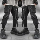 Men Cargo Pants Black Ribbons Block Multi-Pocket Harem Joggers Harajuku Sweatpant Hip Hop Casual Harem Tide Male Trousers