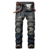 High Quality Men Casual Jeans Coated Straight Pleated Biker Jeans Male Motorcycle Denim Pants Vaqueros Hombre Plus Size