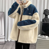 Foesce Winter Jacket Men Contrast Color Zipper Stand Collar Patchwork Imitation Lambswool Casual Korean Fashion Padded Coat