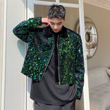 Men's Chic Niche Sequin Design Short Coat Colorblocked Patchwork Zipped Jacket  Autumn New Casual Green Clothing