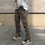 High Street Multi-pocket Drawstring Overalls Mens Straight Vibe Style Oversize Casual Cargo Pants Hip Hop Loose Baggy Trousers