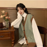 Argyle Sweater Vest Women Loose Sleeveless Outerwear Single Breasted V-neck Vintage Soft High Quality Korean Style Teens Leisure