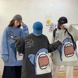 Foesce Men Turtlenecks Shark Sweater Men Winter Patchwor Harajuku Korean Style High Neck Oversized Grey Turtleneck For Men