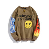 Foesce Harajuku Retro Smiley Flame Print Round Neck Sweatshirts Men and Women Plus Velvet Streetwear Fleece Hoodie Pullover