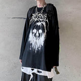 Long-sleeved T-shirt Tops Women Streetwear Top Goth Harajuku Skull T Shirt Funeral Graffiti Dark High Street Loose Bottoming