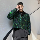 Men's Chic Niche Sequin Design Short Coat Colorblocked Patchwork Zipped Jacket  Autumn New Casual Green Clothing