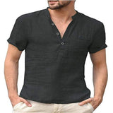 New Men's T-shirt V-neck single breasted design Men tshirt Casual fashion Cotton and Linen Breathable SolidColor Shirt Male