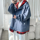 Korean Black White Plaid Men Hooded Jacket Harajuku Man Oversized Coats Spring Male Casual Outwears Clothing