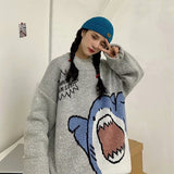 Foesce Men Turtlenecks Shark Sweater Men Winter Patchwor Harajuku Korean Style High Neck Oversized Grey Turtleneck For Men