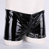 Black Mens Lingerie Shiny Metallic Patent Leather Zipper Bulge Pouch Open Butt Boxer Briefs Underwear Panties