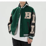 Men Varsity Bomber Jacket Harajuku Korea Bone Letter Patchwork Hip Hop Streetwear Single Bbreasted Baseball Coats Unisex College