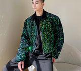 Men's Chic Niche Sequin Design Short Coat Colorblocked Patchwork Zipped Jacket  Autumn New Casual Green Clothing