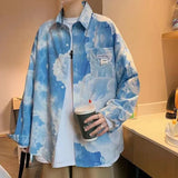 Men's Tie Dye Shirts Long Sleeve Fashion Trend Shirts Cloud Printing Loose Shirts Casual Coats Blue Color Camisa Masculina