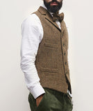 Mens Vest Classic Brown Suit  Wool Tweed Notch Lapel Waistcoat Herringbone Groomsmen Winter Coat For Wedding