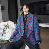 Embroidery Long Sleeve Blue Men's Blazers Korean Fashion New Jacquard Fabric Suit Coat British Silhouette Clothing