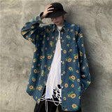 High street dark tide brand full print Daisy old denim shirt Hong Kong Style loose long sleeve shirt for men and women